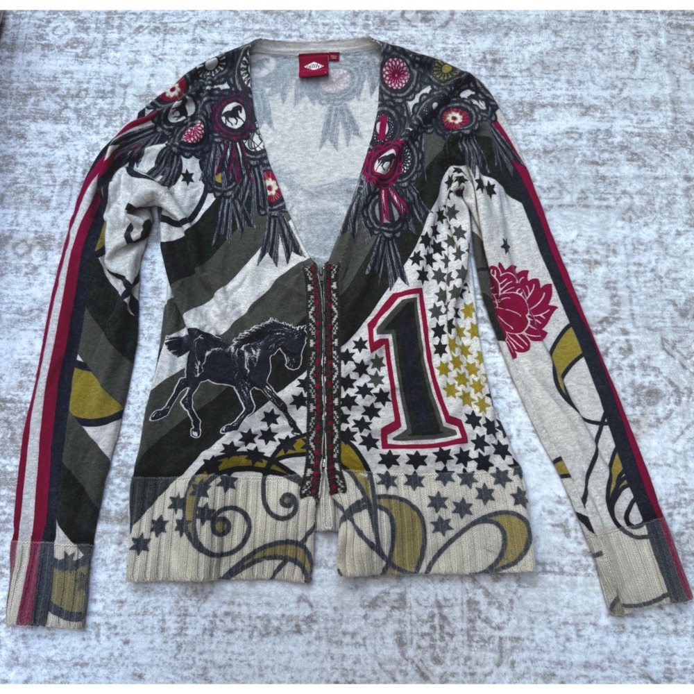 Oilily Womens Equestrian Horse Graphic Zip Up Cardigan Sweater Tan Multi Size S